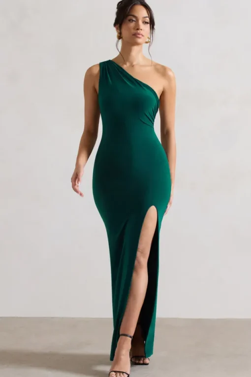 Melody | Bottle Green One Shoulder Cowl-Back Split Maxi Dress