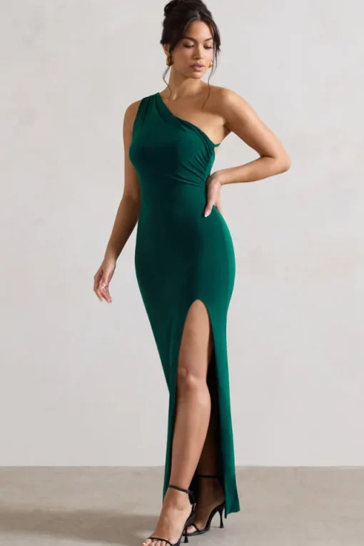 Melody | Bottle Green One Shoulder Cowl-Back Split Maxi Dress