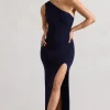 Melody | Navy One Shoulder Cowl-Back Split Maxi Dress