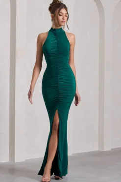 Memorable | Bottle Green Ruched High-Neck Split Fishtail Maxi Dress