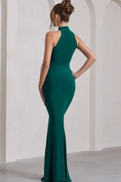 Memorable | Bottle Green Ruched High-Neck Split Fishtail Maxi Dress