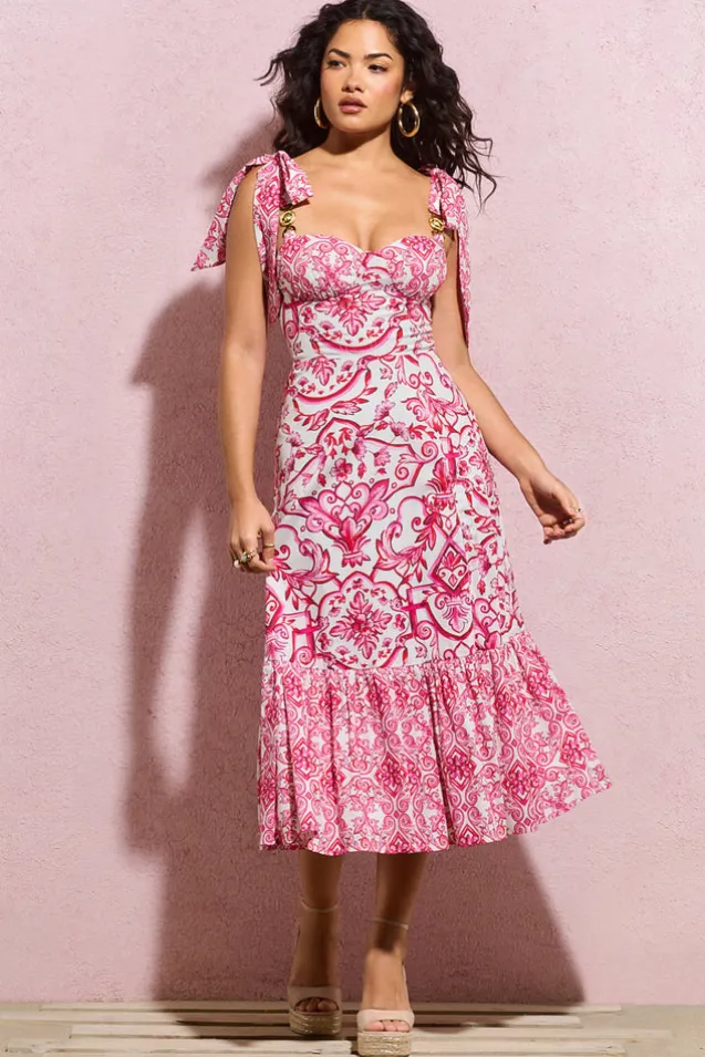 Meredith | Pink Porcelain Print Strappy Midi Dress