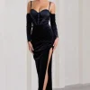 Meribel | Navy Velvet u0026 Satin Long-Sleeved Corset Maxi Dress