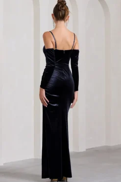 Meribel | Navy Velvet u0026 Satin Long-Sleeved Corset Maxi Dress