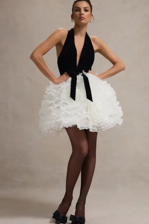 Meringue | Black Velvet Plunge-Neck Mini Dress With Tulle Skirt