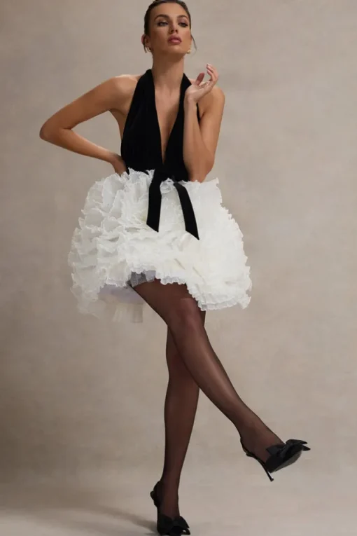 Meringue | Black Velvet Plunge-Neck Mini Dress With Tulle Skirt