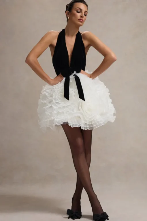 Meringue | Black Velvet Plunge-Neck Mini Dress With Tulle Skirt