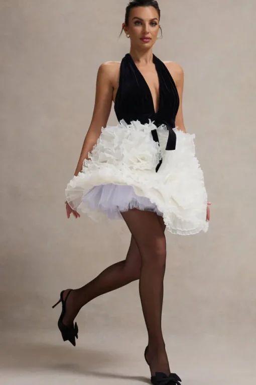 Meringue | Black Velvet Plunge-Neck Mini Dress With Tulle Skirt