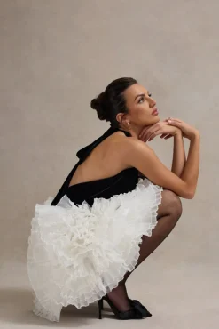 Meringue | Black Velvet Plunge-Neck Mini Dress With Tulle Skirt