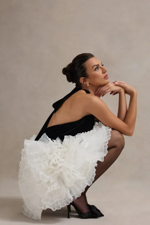 Meringue | Black Velvet Plunge-Neck Mini Dress With Tulle Skirt