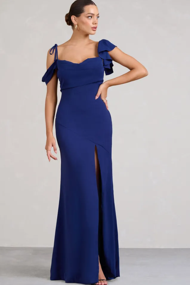 Merlot | Navy Asymmetric Draped Split Maxi Dress