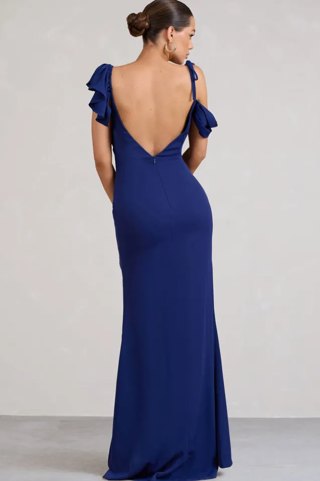 Merlot | Navy Asymmetric Draped Split Maxi Dress
