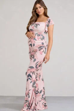 Merlot | Pink Floral Asymmetric Maternity Maxi Dress