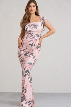 Merlot | Pink Floral Asymmetric Maternity Maxi Dress