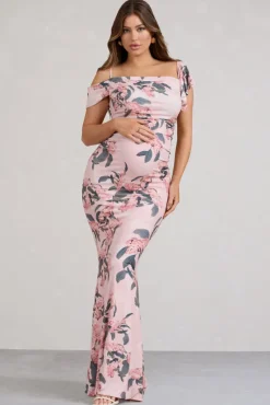 Merlot | Pink Floral Asymmetric Maternity Maxi Dress