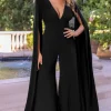 Mesmerise | Black Plunge Front Cape Jumpsuit