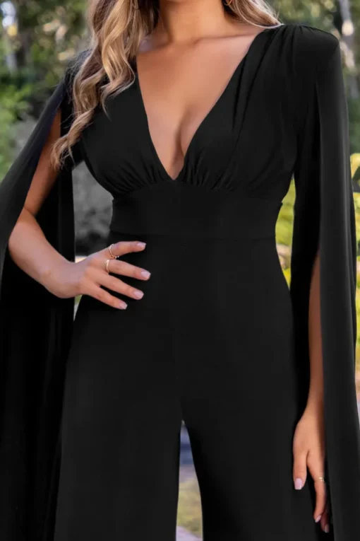 Mesmerise | Black Plunge Front Cape Jumpsuit