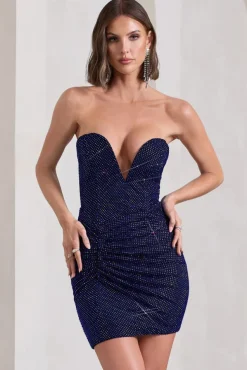 Mesmerised | Navy Embellished V Plunge Strapless Mini Dress