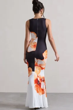 Micah | Black u0026 Orange Floral Print Racer-Neck Maxi Dress