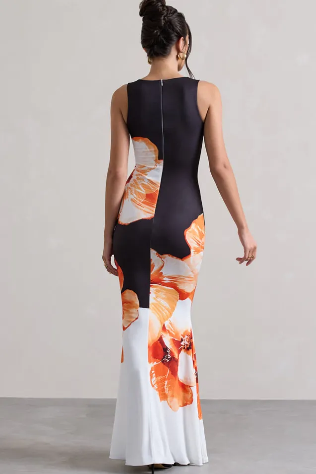 Micah | Black u0026 Orange Floral Print Racer-Neck Maxi Dress