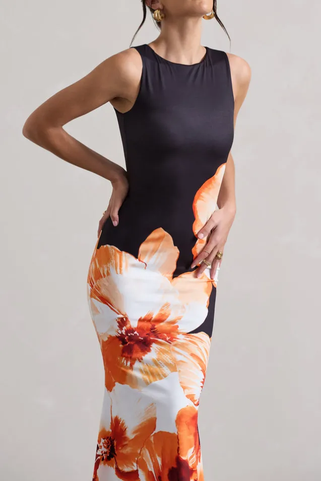 Micah | Black u0026 Orange Floral Print Racer-Neck Maxi Dress