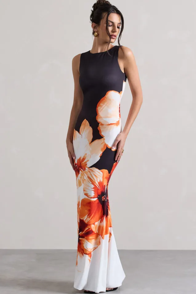 Micah | Black u0026 Orange Floral Print Racer-Neck Maxi Dress