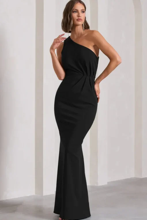 Michelle | Black One-Shoulder Gathered Maxi Dress