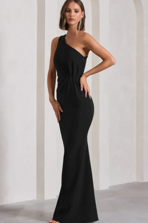 Michelle | Black One-Shoulder Gathered Maxi Dress