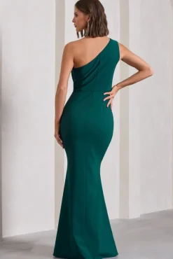 Michelle | Bottle Green One-Shoulder Gathered Maxi Dress