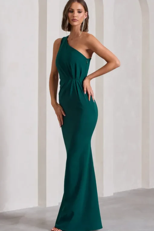 Michelle | Bottle Green One-Shoulder Gathered Maxi Dress