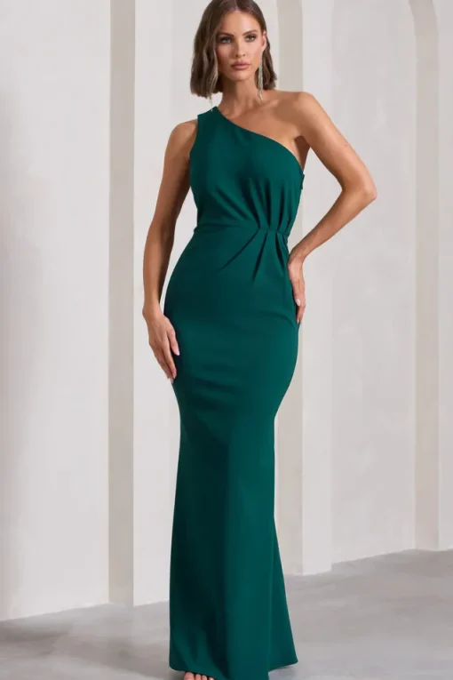 Michelle | Bottle Green One-Shoulder Gathered Maxi Dress