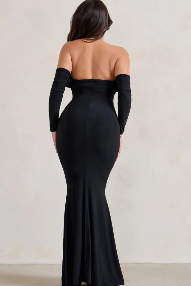 Midnight | Black Draped Long Sleeve Maxi Dress