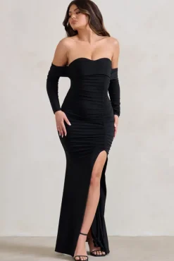 Midnight | Black Draped Long Sleeve Maxi Dress