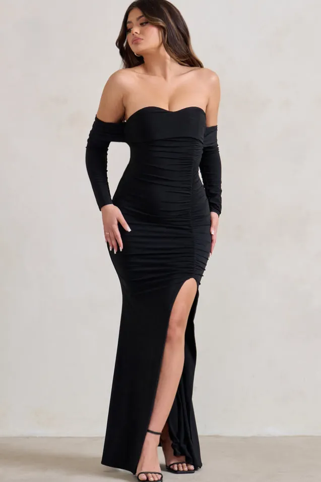 Midnight | Black Draped Long Sleeve Maxi Dress