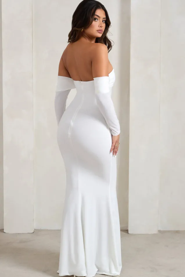 Midnight | White Draped Long Sleeve Maxi Dress