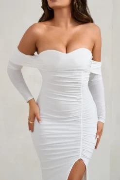 Midnight | White Draped Long Sleeve Maxi Dress