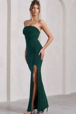 Midnight Calling | Bottle Green Bandeau Split Lace-Up Maxi Dress