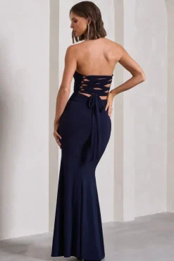 Midnight Calling | Navy Bandeau Split Lace-Up Maxi Dress