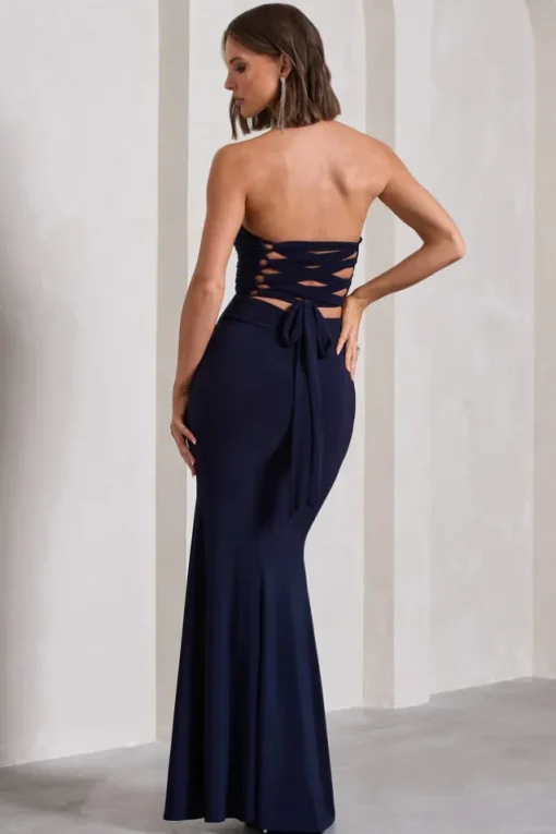 Midnight Calling | Navy Bandeau Split Lace-Up Maxi Dress