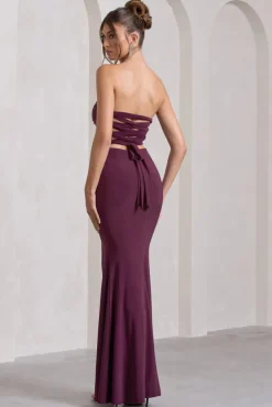 Midnight Calling | Plum  Bandeau Split Lace-Up Maxi Dress