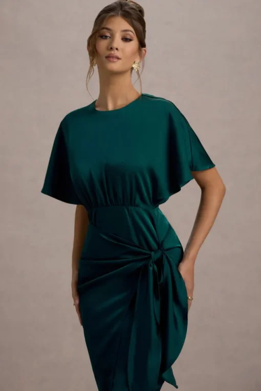 Mika | Bottle Green Satin Short-Sleeve Wrap Maxi Dress