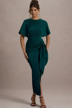 Mika | Bottle Green Satin Short-Sleeve Wrap Maxi Dress