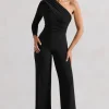 Mila | Black One Shoulder Ruched Wide Leg Jumpsuit