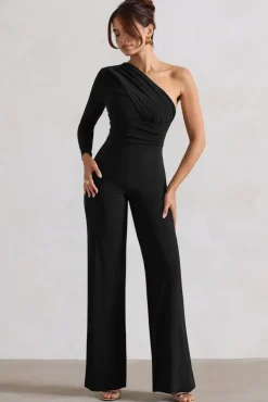 Mila | Black One Shoulder Ruched Wide Leg Jumpsuit