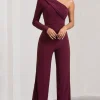 Mila | Burgundy One Shoulder Ruched Wide Leg Jumpsuit