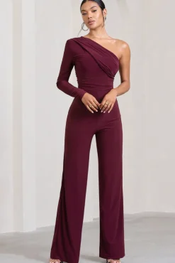 Mila | Burgundy One Shoulder Ruched Wide Leg Jumpsuit