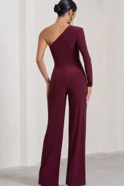Mila | Burgundy One Shoulder Ruched Wide Leg Jumpsuit