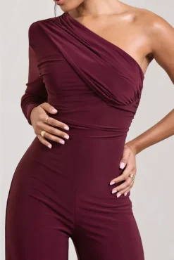 Mila | Burgundy One Shoulder Ruched Wide Leg Jumpsuit