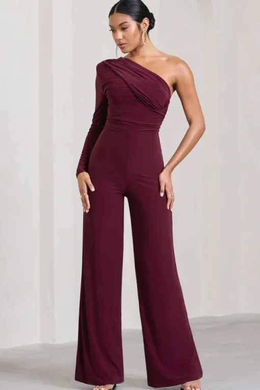 Mila | Burgundy One Shoulder Ruched Wide Leg Jumpsuit