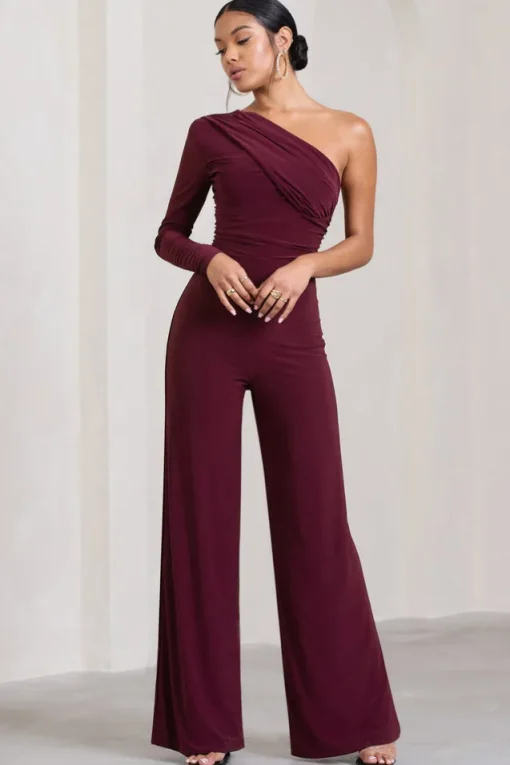 Mila | Burgundy One Shoulder Ruched Wide Leg Jumpsuit